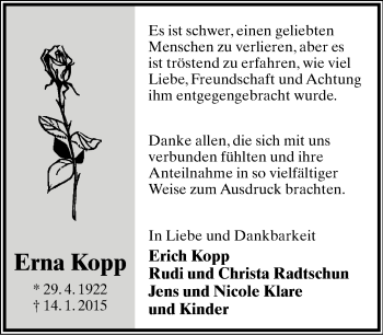 Anzeige  Erna Kopp  Lippische Landes-Zeitung