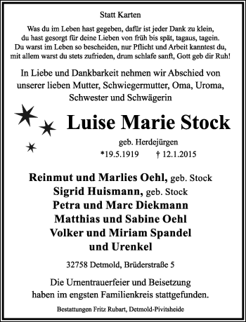Anzeige  Luise Marie Stock  Lippische Landes-Zeitung
