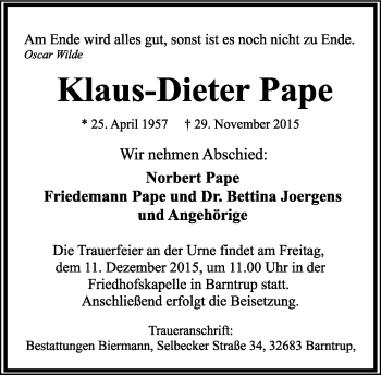 Anzeige  Klaus-Dieter Pape  Lippische Landes-Zeitung