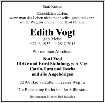Anzeige  Edith Vogt  Lippische Landes-Zeitung