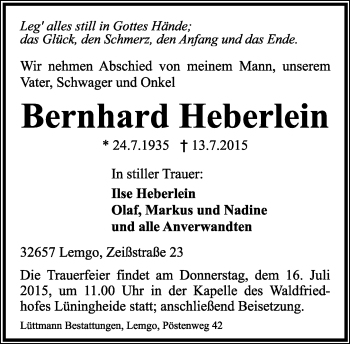 Anzeige  Bernhard Heberlein  Lippische Landes-Zeitung