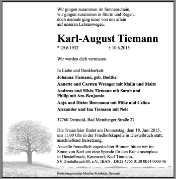Anzeige  Karl-August Tiemann  Lippische Landes-Zeitung