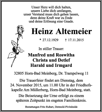Anzeige  Heinz Altemeier  Lippische Landes-Zeitung