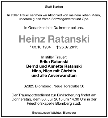 Anzeige  Heine Ratanski  Lippische Landes-Zeitung