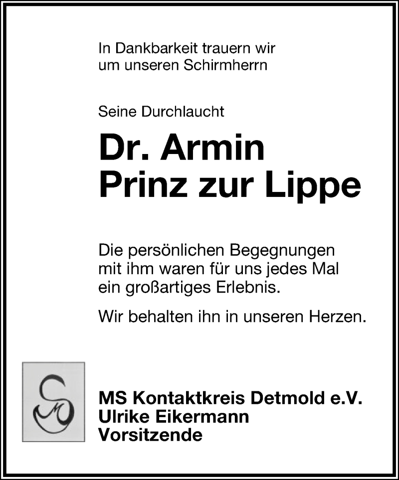  Traueranzeige für Armin Prinz zur Lippe vom 29.08.2015 aus Lippische Landes-Zeitung