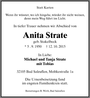 Anzeige  Anita Strate  Lippische Landes-Zeitung