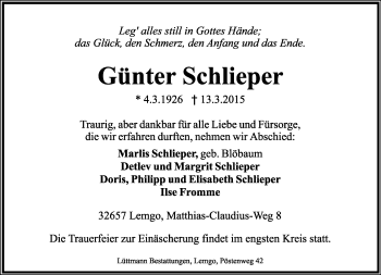 Anzeige  Günter Schlieper  Lippische Landes-Zeitung
