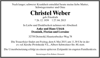 Anzeige  Christel Weber  Lippische Landes-Zeitung