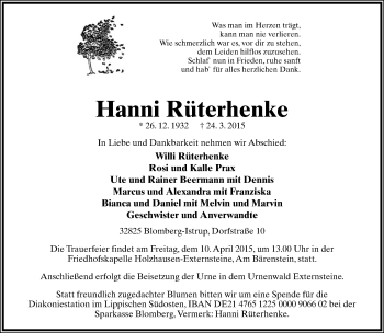 Anzeige  Hanni Rüterhenke  Lippische Landes-Zeitung