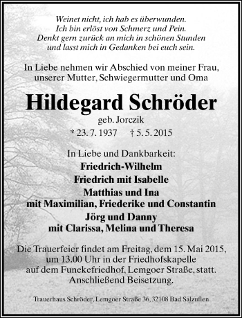 Anzeige  Hildegard Schröder  Lippische Landes-Zeitung