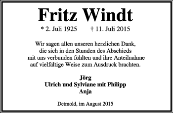 Anzeige  Fritz Windt  Lippische Landes-Zeitung