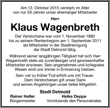 Anzeige  Klaus Wagenbreth  Lippische Landes-Zeitung