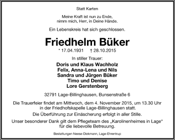 Anzeige  Friedhelm Büker  Lippische Landes-Zeitung