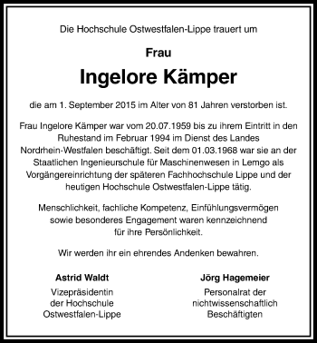 Anzeige  Ingelore Kämper  Lippische Landes-Zeitung