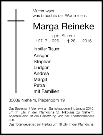 Anzeige  Marga Reineke  Lippische Landes-Zeitung
