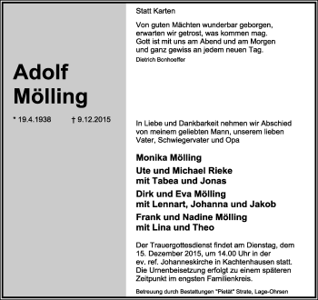 Anzeige  Adolf Mölling  Lippische Landes-Zeitung
