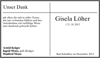 Anzeige  Gisela Löher  Lippische Landes-Zeitung