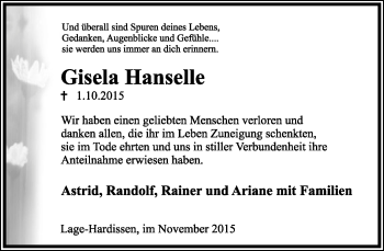 Anzeige  Gisela Hanselle  Lippische Landes-Zeitung