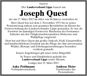 Anzeige  Joseph Quest  Lippische Landes-Zeitung