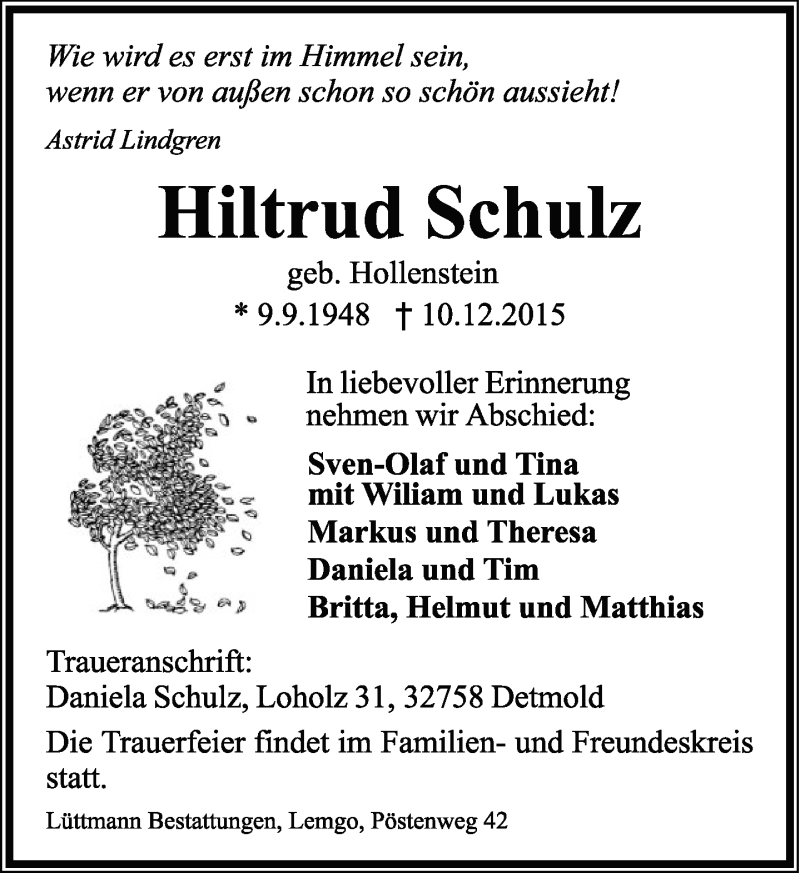  Traueranzeige für Hiltrud Schulz vom 12.12.2015 aus Lippische Landes-Zeitung