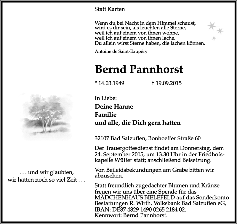  Traueranzeige für Bernd Pannhorst vom 22.09.2015 aus Lippische Landes-Zeitung