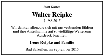 Anzeige  Walter Reipke  Lippische Landes-Zeitung
