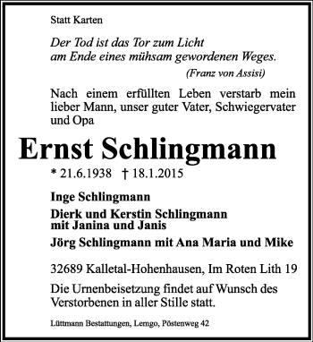 Anzeige  Ernst Schlingmann  Lippische Landes-Zeitung