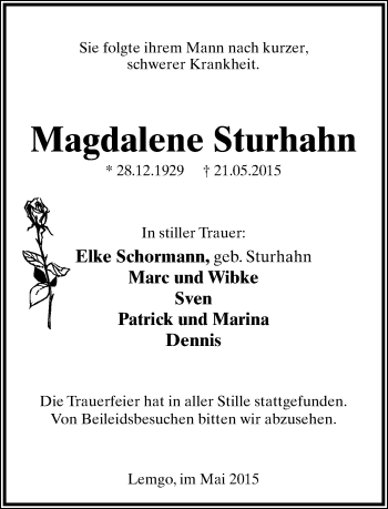 Anzeige  Magdalene Sturhahn  Lippische Landes-Zeitung