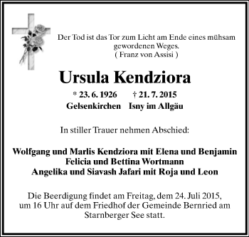 Anzeige  Ursula Kendziora  Lippische Landes-Zeitung