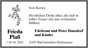 Anzeige  Frieda Plaß  Lippische Landes-Zeitung