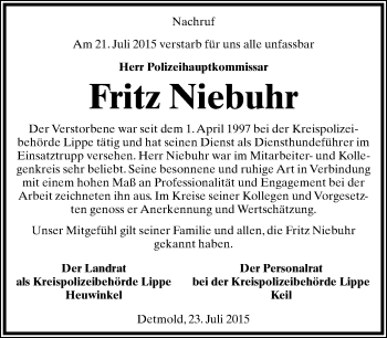 Anzeige  Fritz Niebuhr  Lippische Landes-Zeitung