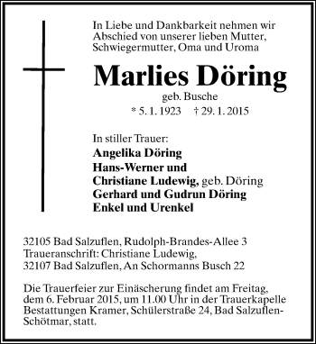 Anzeige  Marlies Döring  Lippische Landes-Zeitung