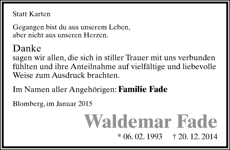  Traueranzeige für Waldemar Fade vom 24.01.2015 aus Lippische Landes-Zeitung