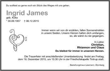Anzeige  Ingrid James  Lippische Landes-Zeitung