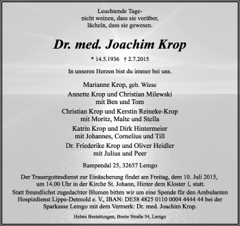 Anzeige  Joachim Krop  Lippische Landes-Zeitung