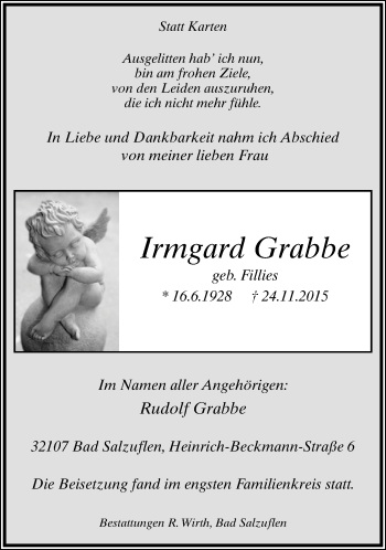 Anzeige  Irmgard Grabbe  Lippische Landes-Zeitung