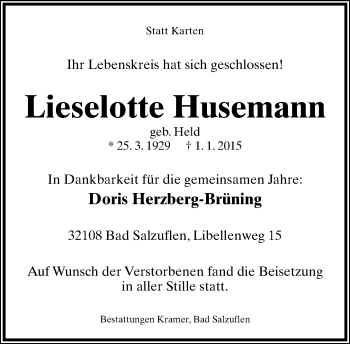 Anzeige  Lieselotte Husemann  Lippische Landes-Zeitung