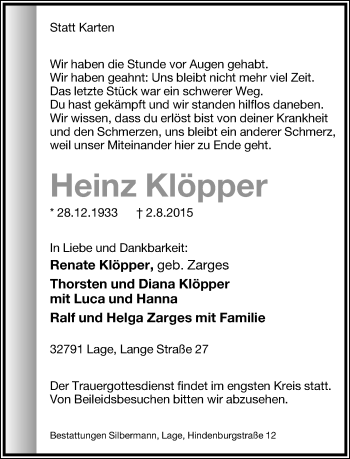 Anzeige  Heinz Klöpper  Lippische Landes-Zeitung