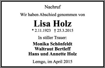 Anzeige  Lisa Holz  Lippische Landes-Zeitung