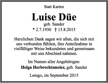 Anzeige  Luise Düe  Lippische Landes-Zeitung