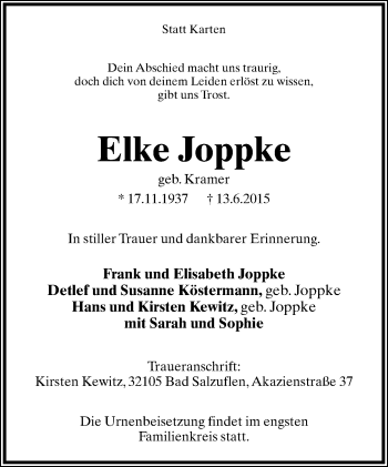 Anzeige  Elke Joppke  Lippische Landes-Zeitung