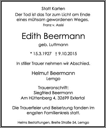 Anzeige  Edith Beermann  Lippische Landes-Zeitung
