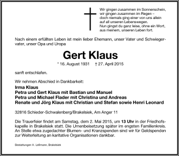 Anzeige  Gert Klaus  Lippische Landes-Zeitung