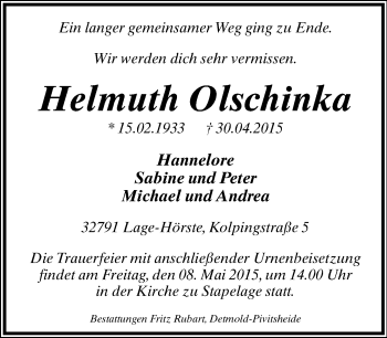 Anzeige  Helmuth Olschinka  Lippische Landes-Zeitung