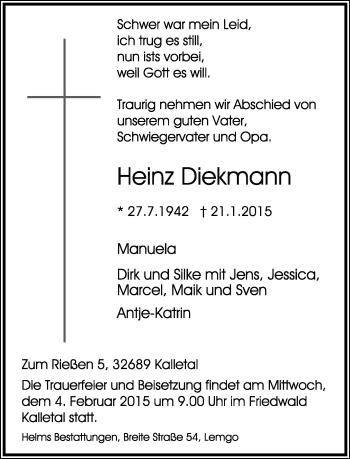 Anzeige  Heinz Diekmann  Lippische Landes-Zeitung
