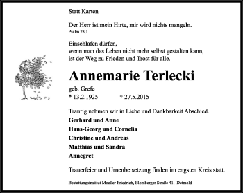 Anzeige  Annemarie Terlecki  Lippische Landes-Zeitung