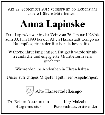 Anzeige  Anna Lapinske  Lippische Landes-Zeitung