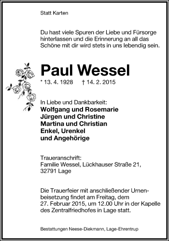Anzeige  Paul Wessel  Lippische Landes-Zeitung