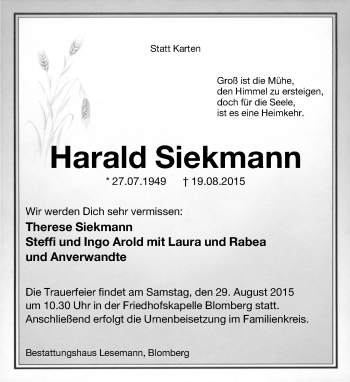 Anzeige  Harald Siekmann  Lippische Landes-Zeitung
