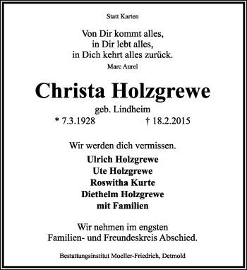 Anzeige  Christa Holzgrewe  Lippische Landes-Zeitung